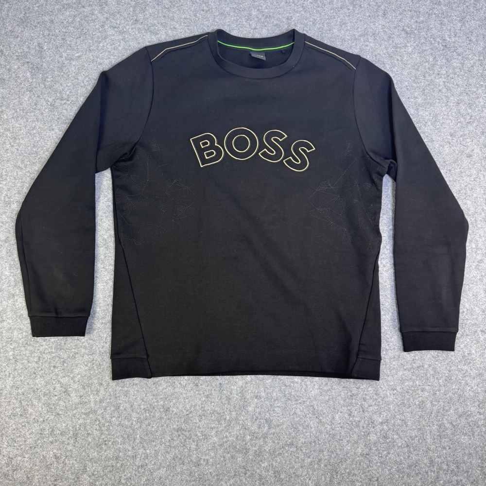 Hugo Boss Mens Salbo Iconic Sweatshirt Black Gold Logo Geometric Embroidered L